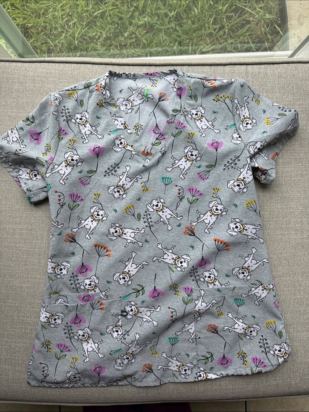 Gray Floral Dalmatian Print Scrub Top